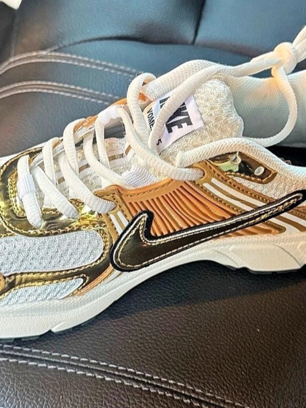 Nike Air Zoom Vomero 5 Metallic Gold Sneakers White & Orange
